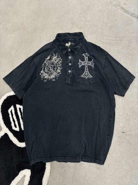 Y2K Faded Charcoal Cross & Fleur-De-Lis Button Shirt Sz 2XL (Day 4)