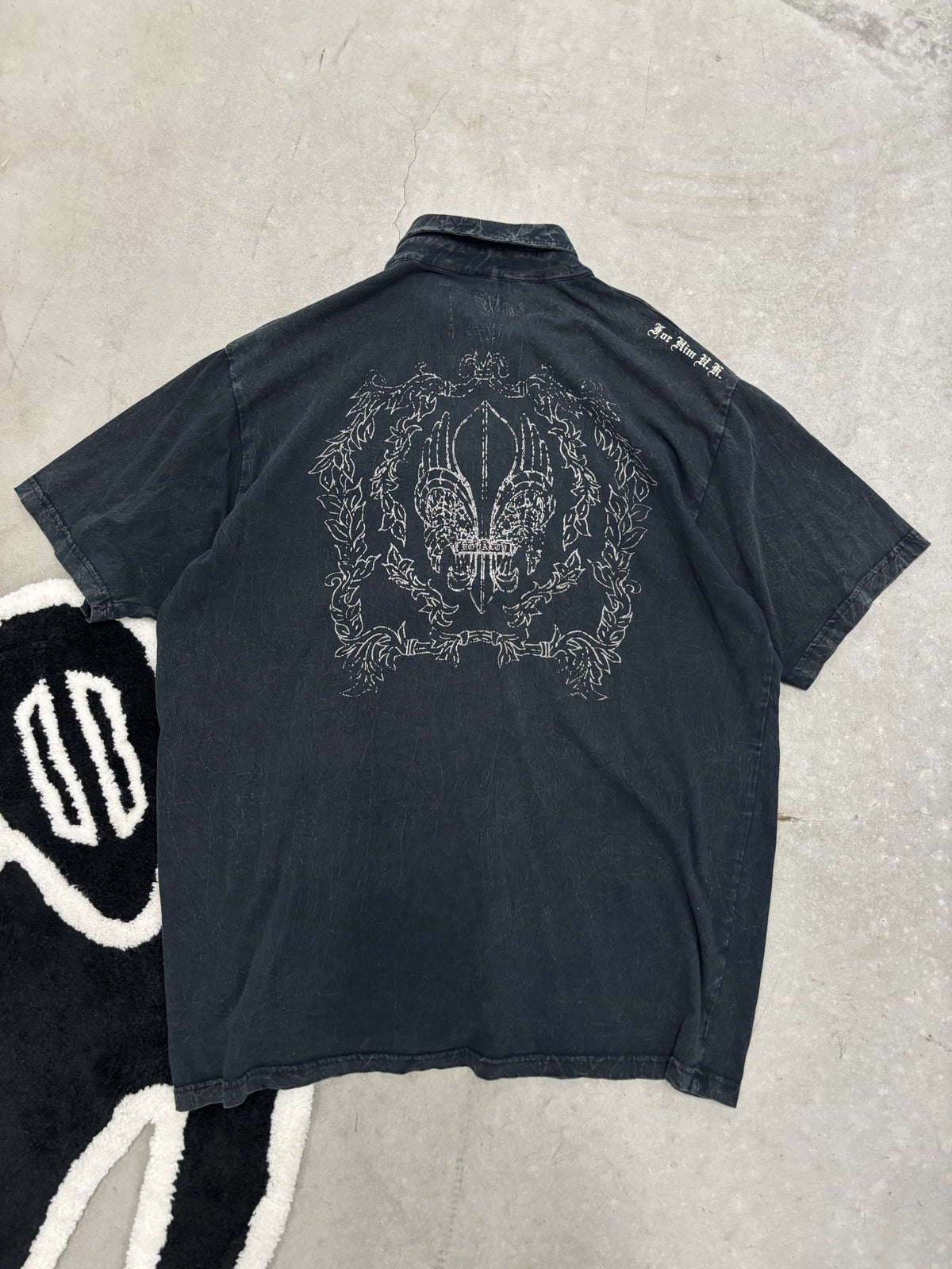 Y2K Faded Charcoal Cross & Fleur-De-Lis Button Shirt Sz 2XL (Day 4)