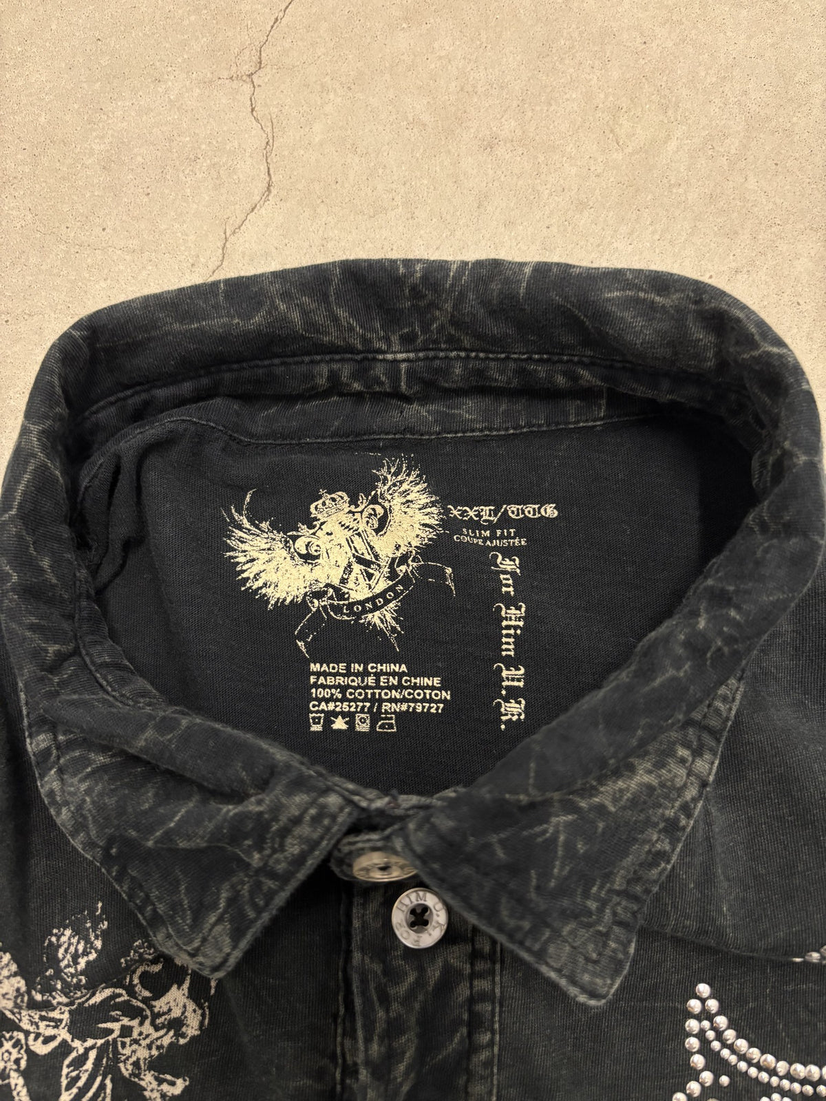 Y2K Faded Charcoal Cross & Fleur-De-Lis Button Shirt Sz 2XL (Day 4)