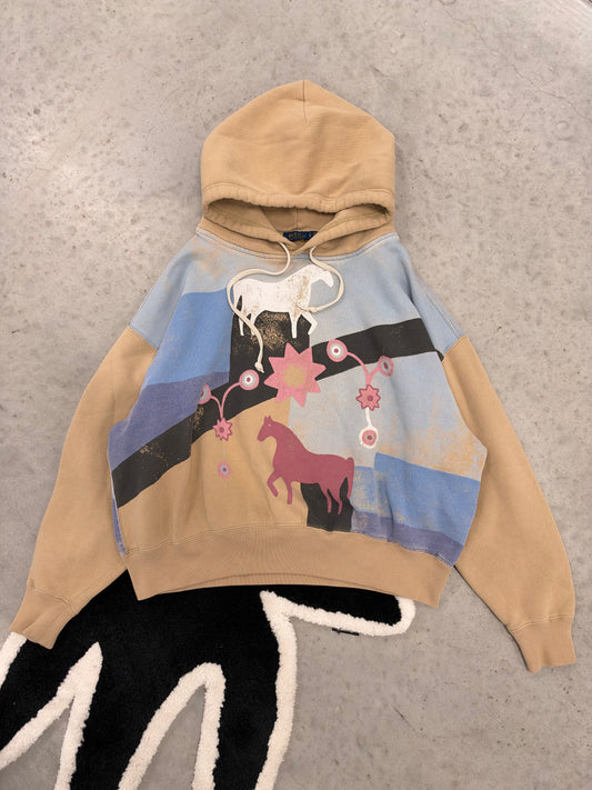 Polo Ralph Lauren Womens Horse Graphic Fleece Hoodie Tan Blue Large (Day 38)