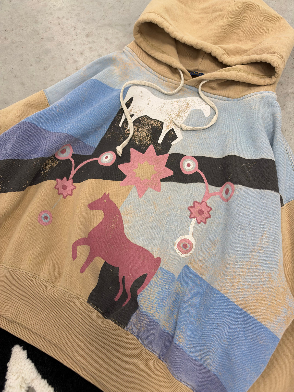 Polo Ralph Lauren Womens Horse Graphic Fleece Hoodie Tan Blue Large (Day 38)
