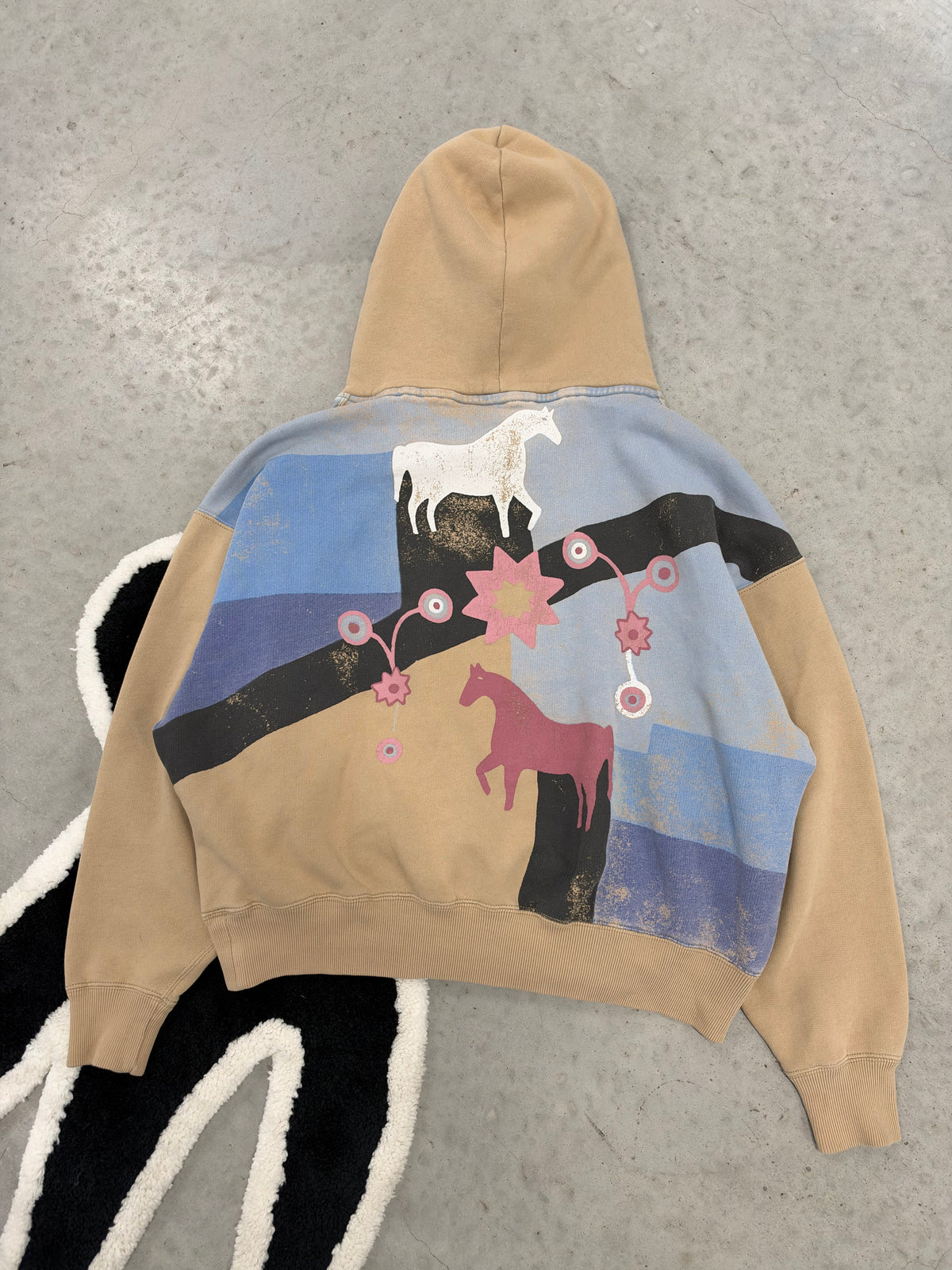 Polo Ralph Lauren Womens Horse Graphic Fleece Hoodie Tan Blue Large (Day 38)