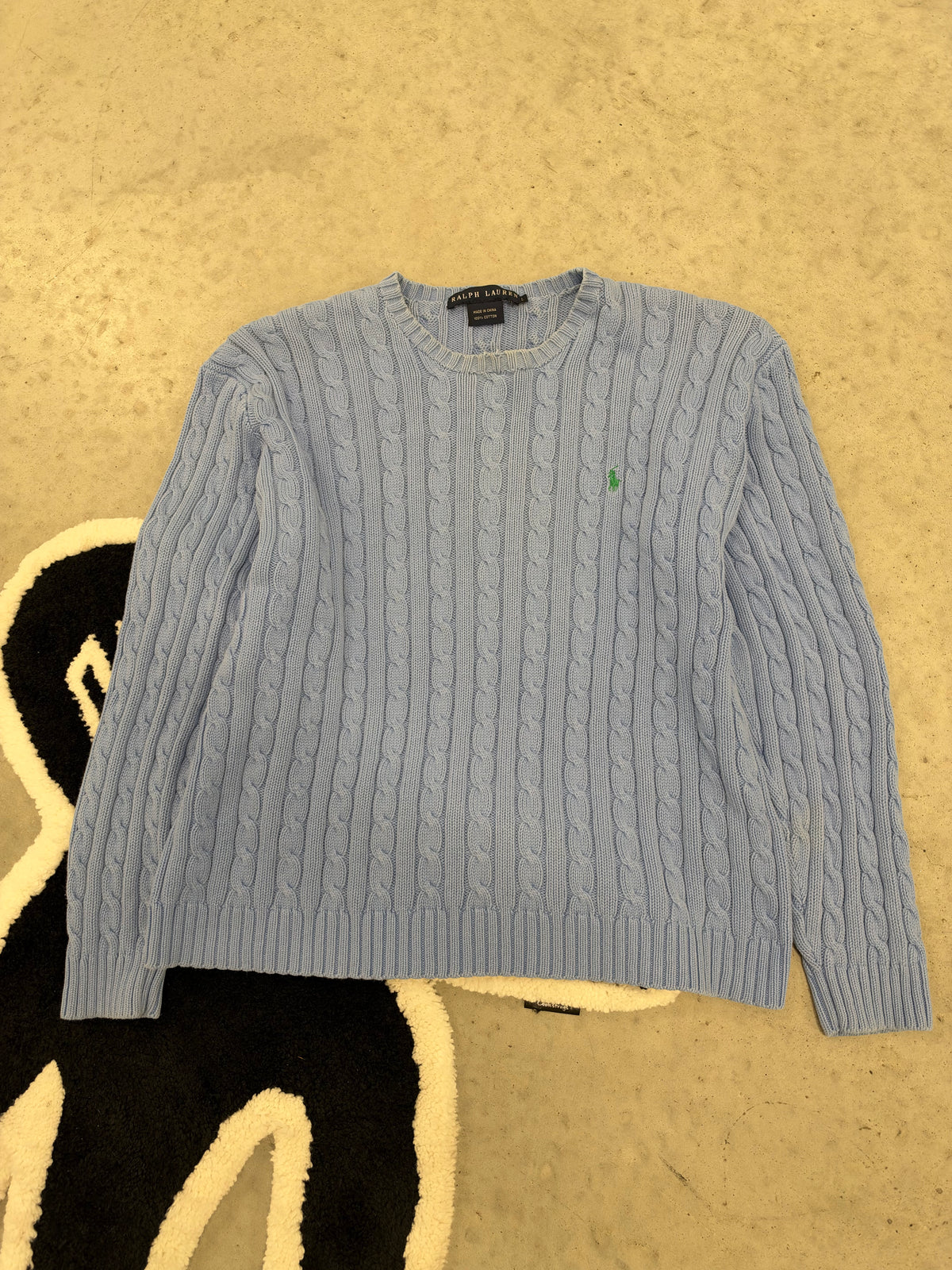 Ralph Lauren Light Blue Cable Knit Cotton Crewneck Sweater Green Pony Logo Womens Large (Day 38)