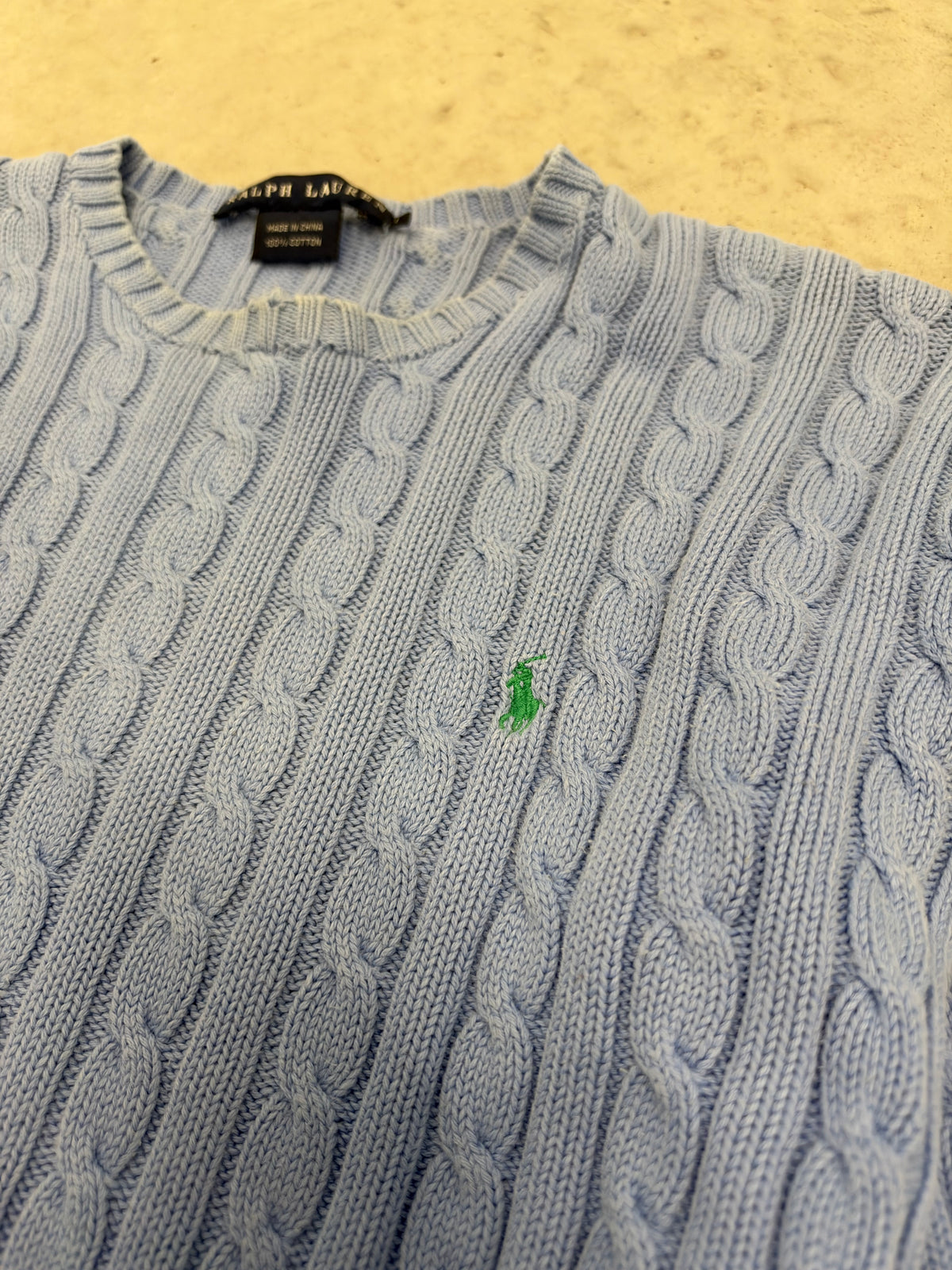 Ralph Lauren Light Blue Cable Knit Cotton Crewneck Sweater Green Pony Logo Womens Large (Day 38)