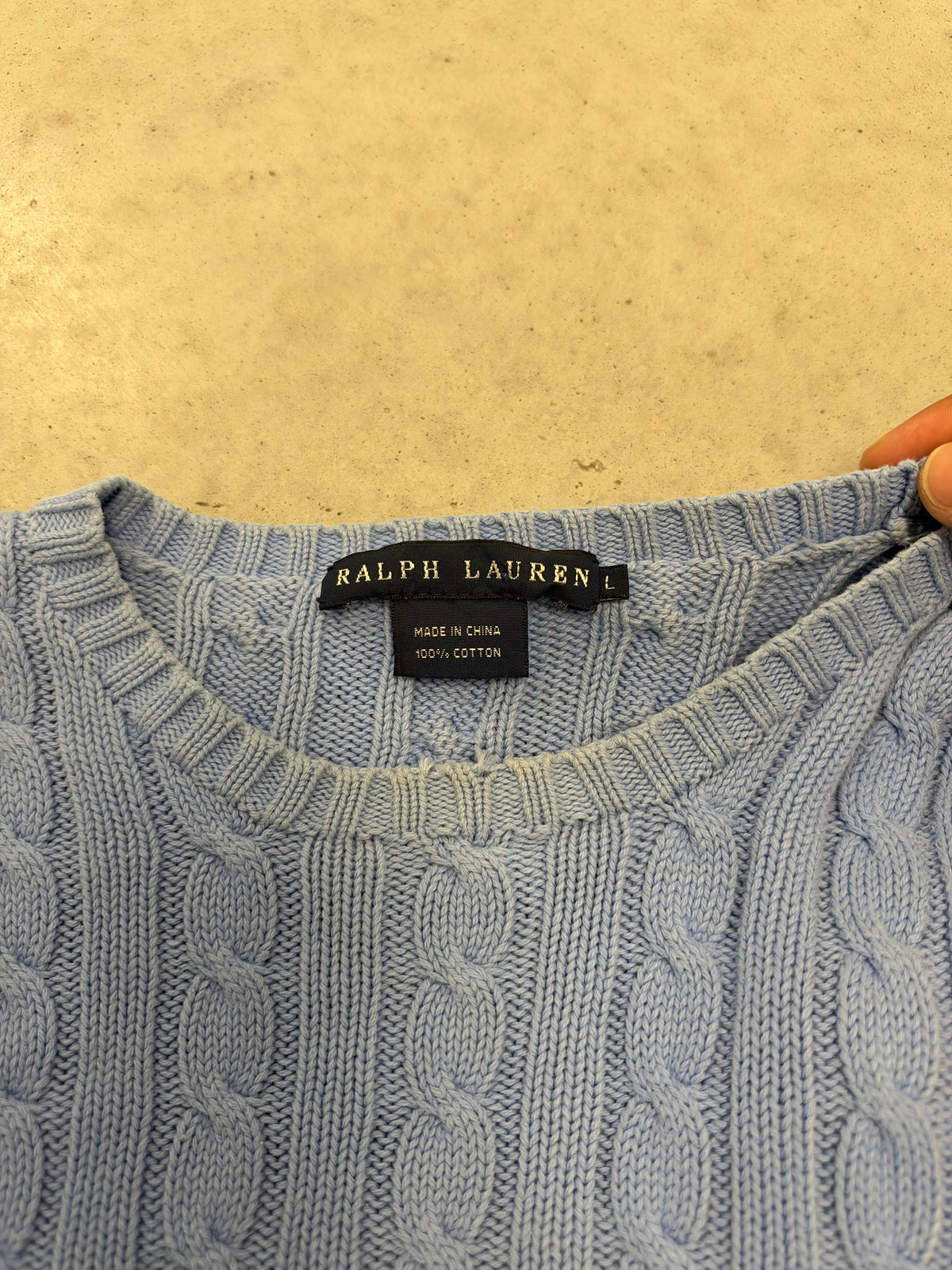 Ralph Lauren Light Blue Cable Knit Cotton Crewneck Sweater Green Pony Logo Womens Large (Day 38)