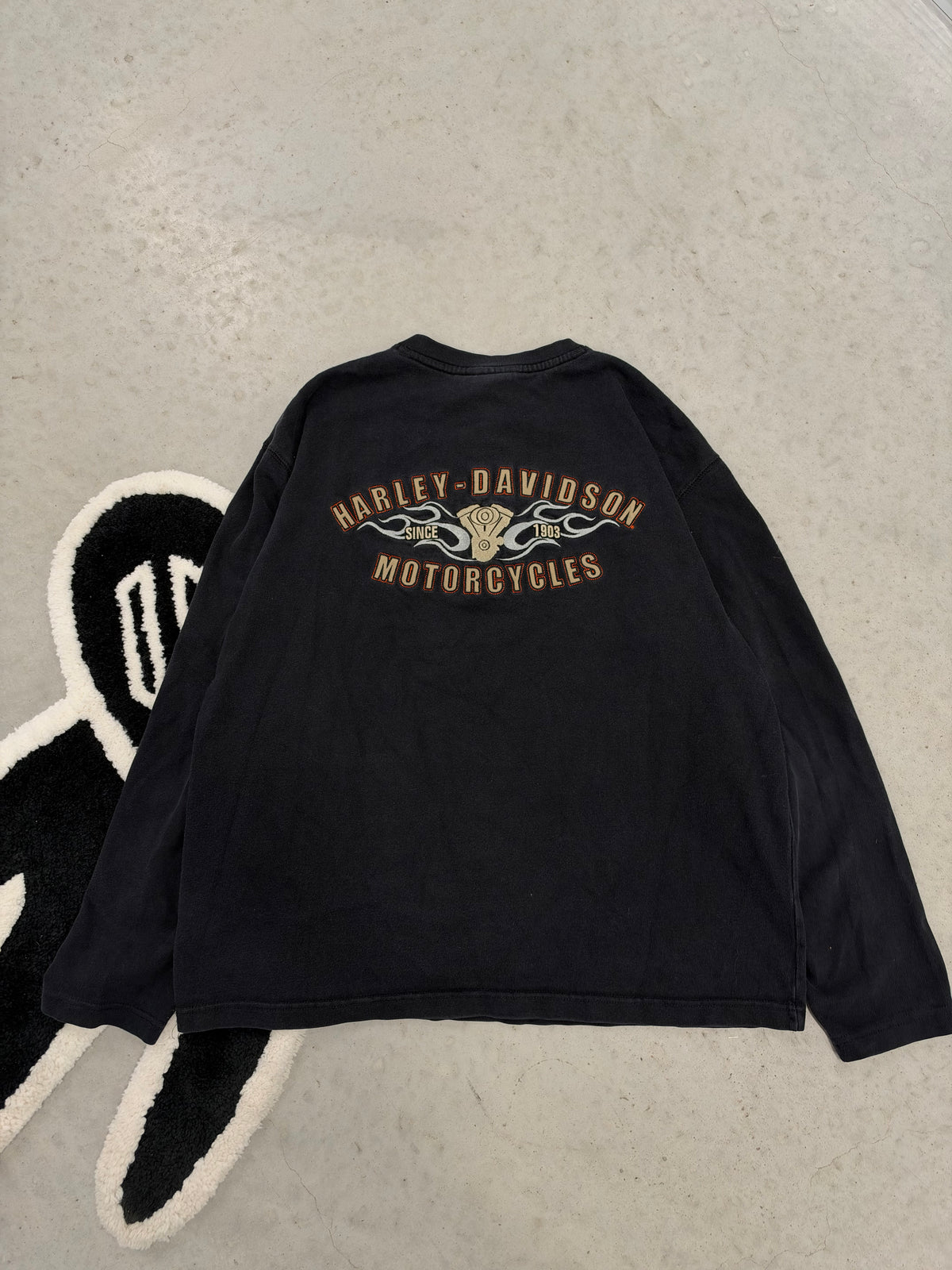 Harley Davidson Mens Black Long Sleeve Henley Shirt Engine Graphic Size M (Day 38)