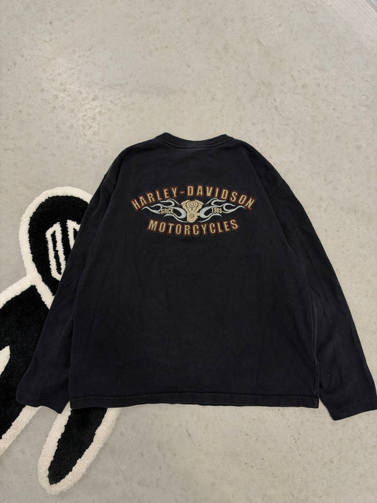 Harley Davidson Mens Black Long Sleeve Henley Shirt Engine Graphic Size M (Day 38)