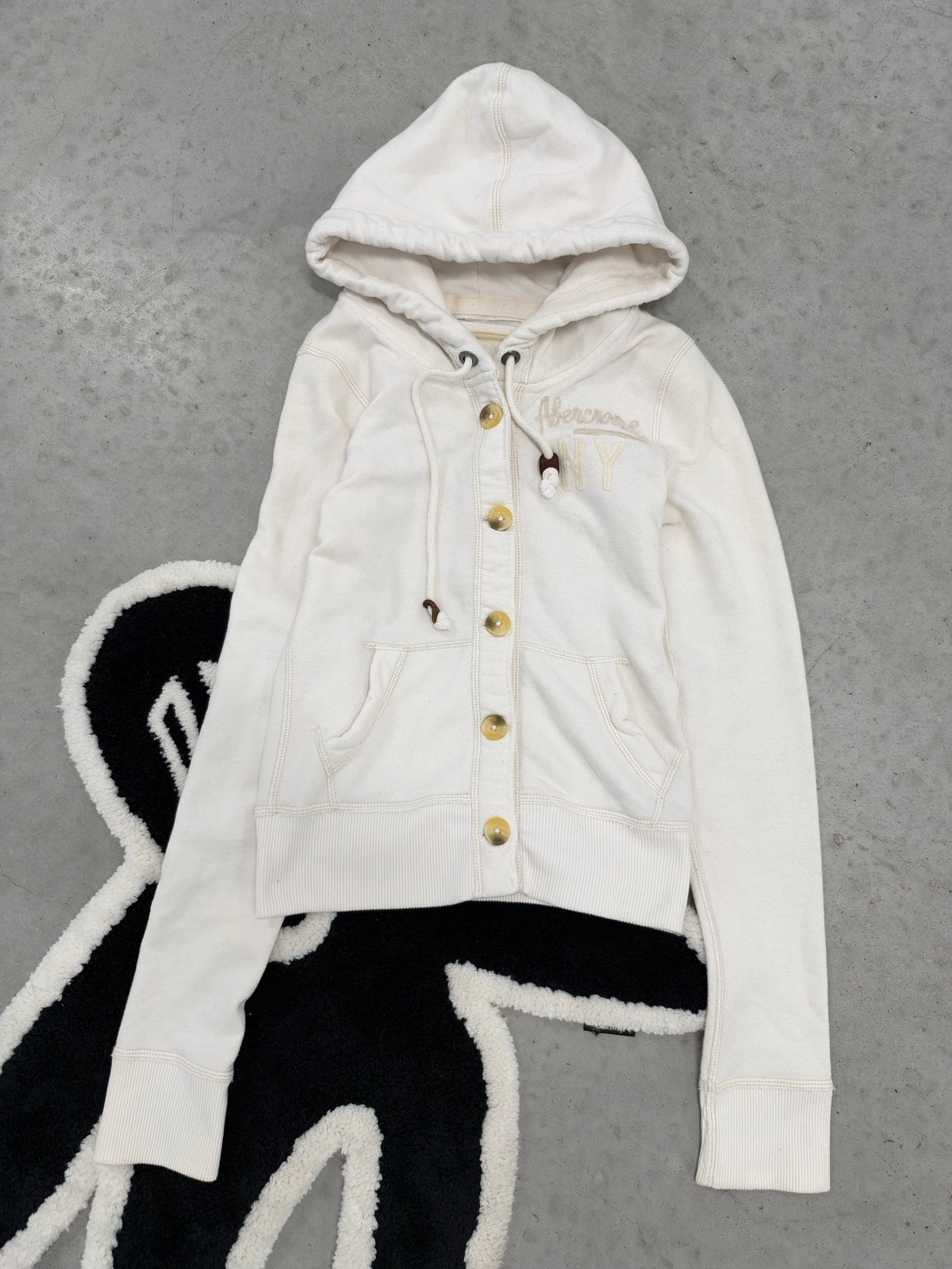 Abercrombie & Fitch Women XS Cream Button Hoodie A&F Logo Y2K Fleece Sweatshirt (Day 34)