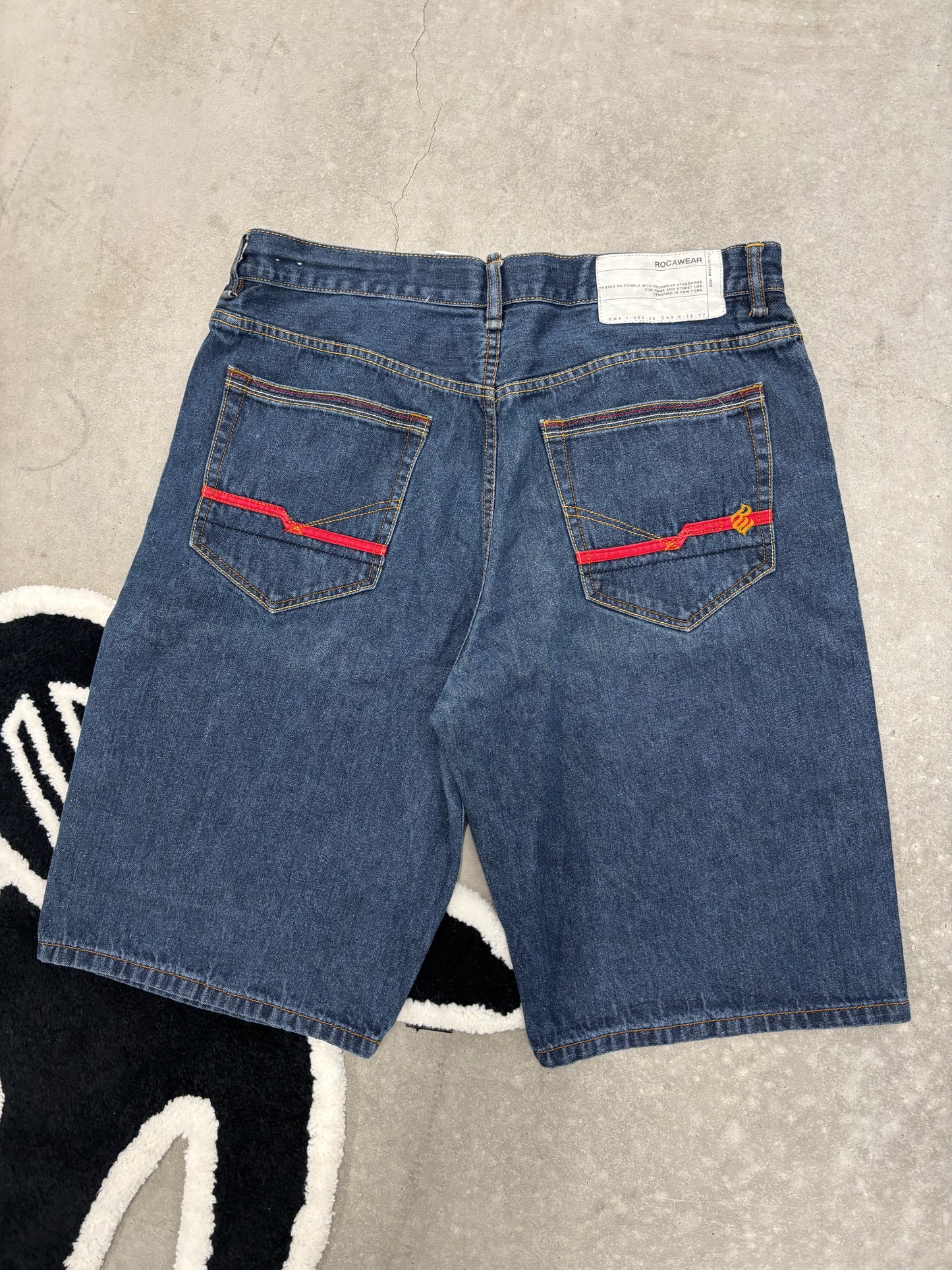 Vintage Rocawear Red Embroidered Denim Jorts Sz 36