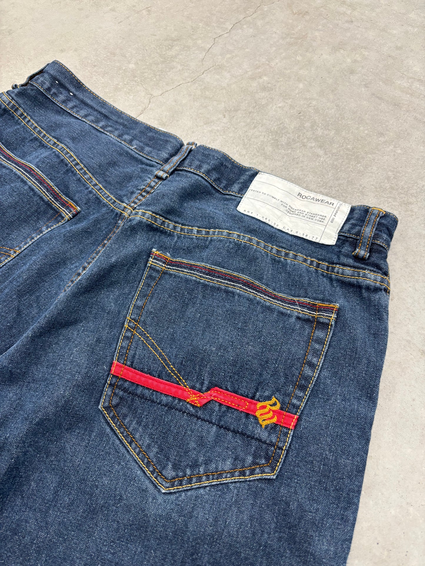 Vintage Rocawear Red Embroidered Denim Jorts Sz 36