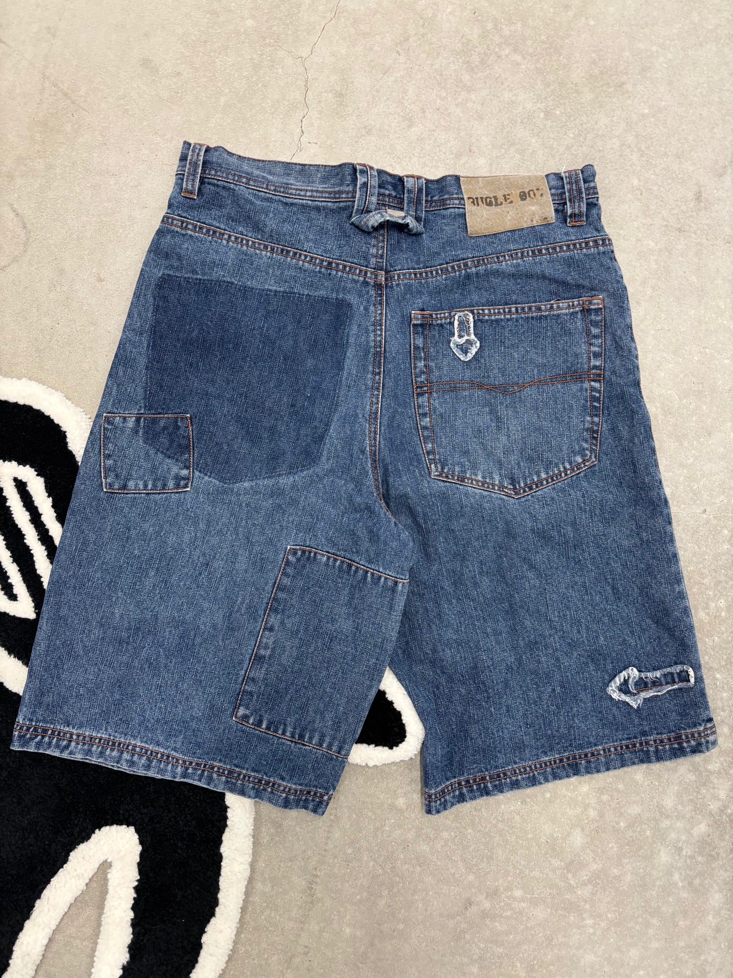 Vintage Bugle Boy Varsity Patch Denim Jorts Sz 34