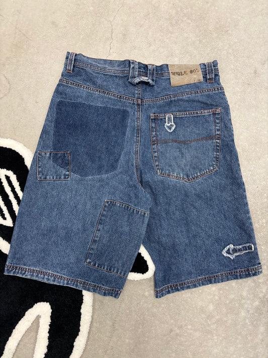 Vintage Bugle Boy Varsity Patch Denim Jorts Sz 34