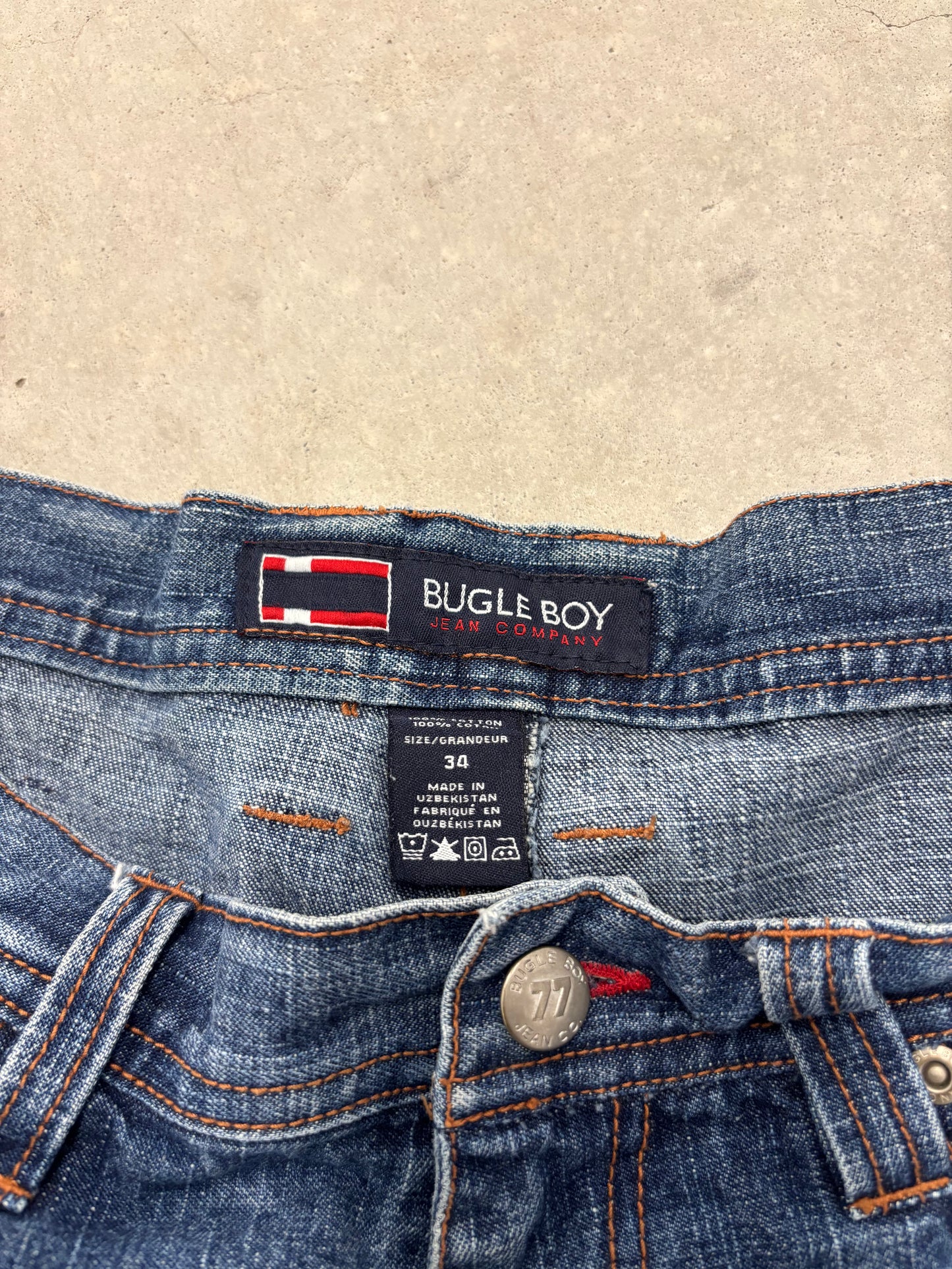 Vintage Bugle Boy Varsity Patch Denim Jorts Sz 34