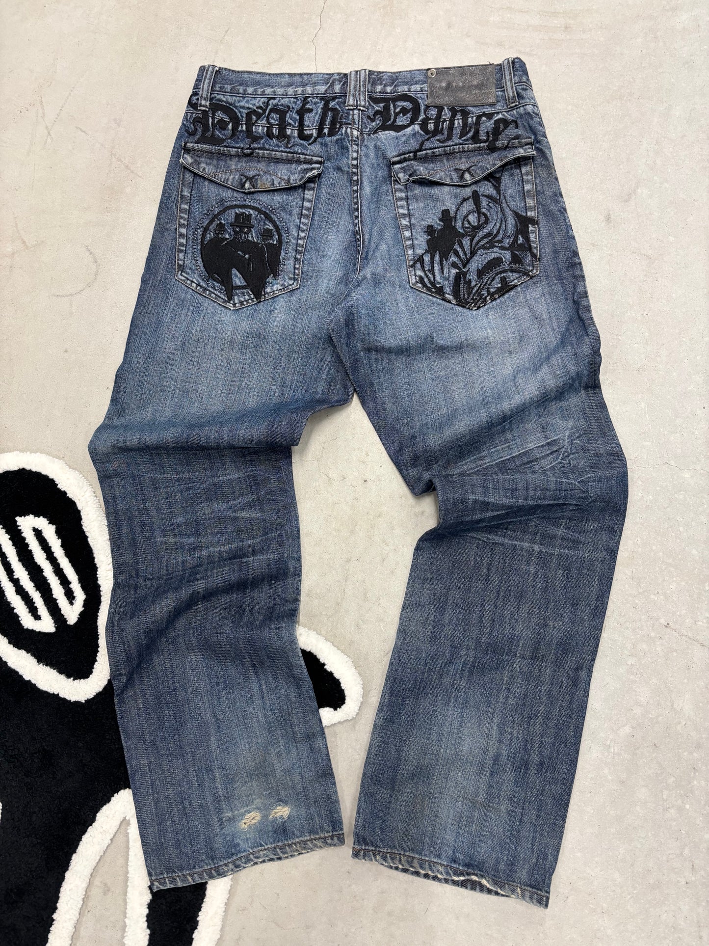 Y2K Artful Dodger Death Dance Gothic Embroidered Jeans Sz 34