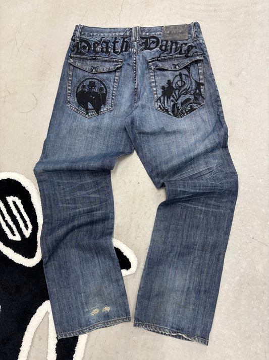 Y2K Artful Dodger Death Dance Gothic Embroidered Jeans Sz 34