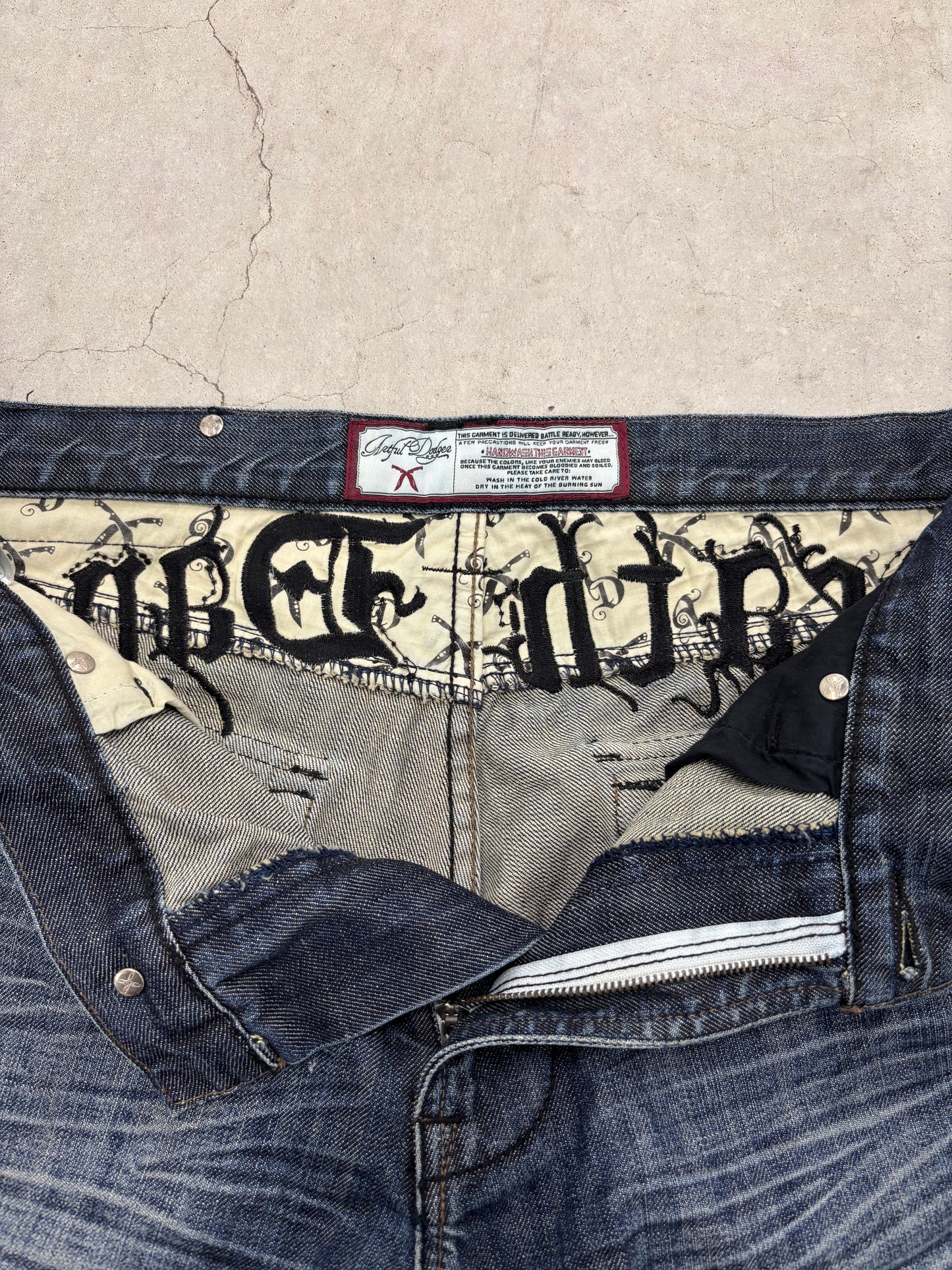 Y2K Artful Dodger Death Dance Gothic Embroidered Jeans Sz 34