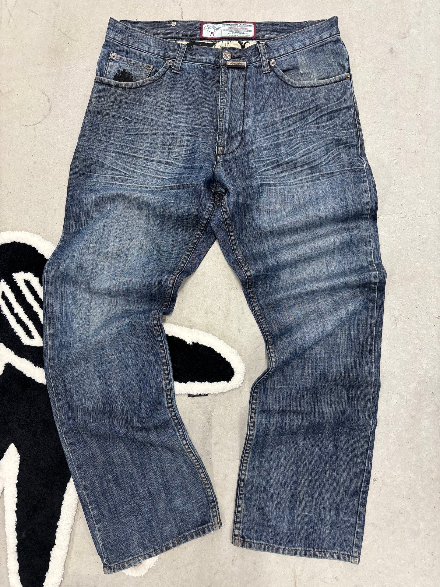 Y2K Artful Dodger Death Dance Gothic Embroidered Jeans Sz 34