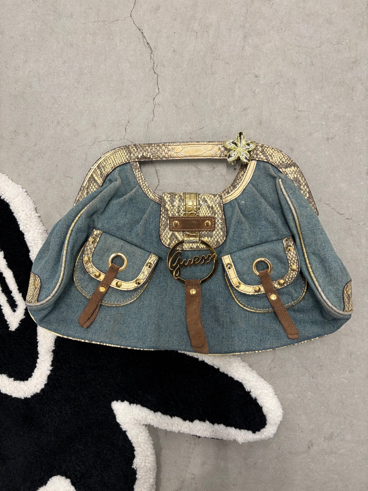 Guess Denim And Snakeskin Frame Bag