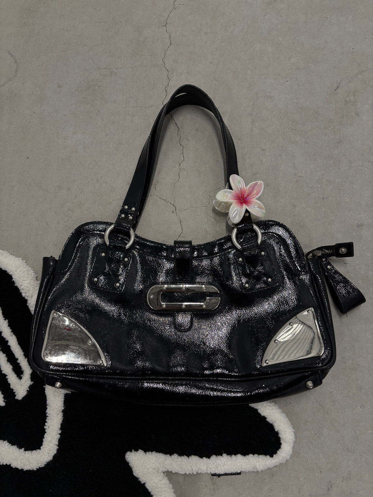 Guess Patent Leather Bowler Bag Black