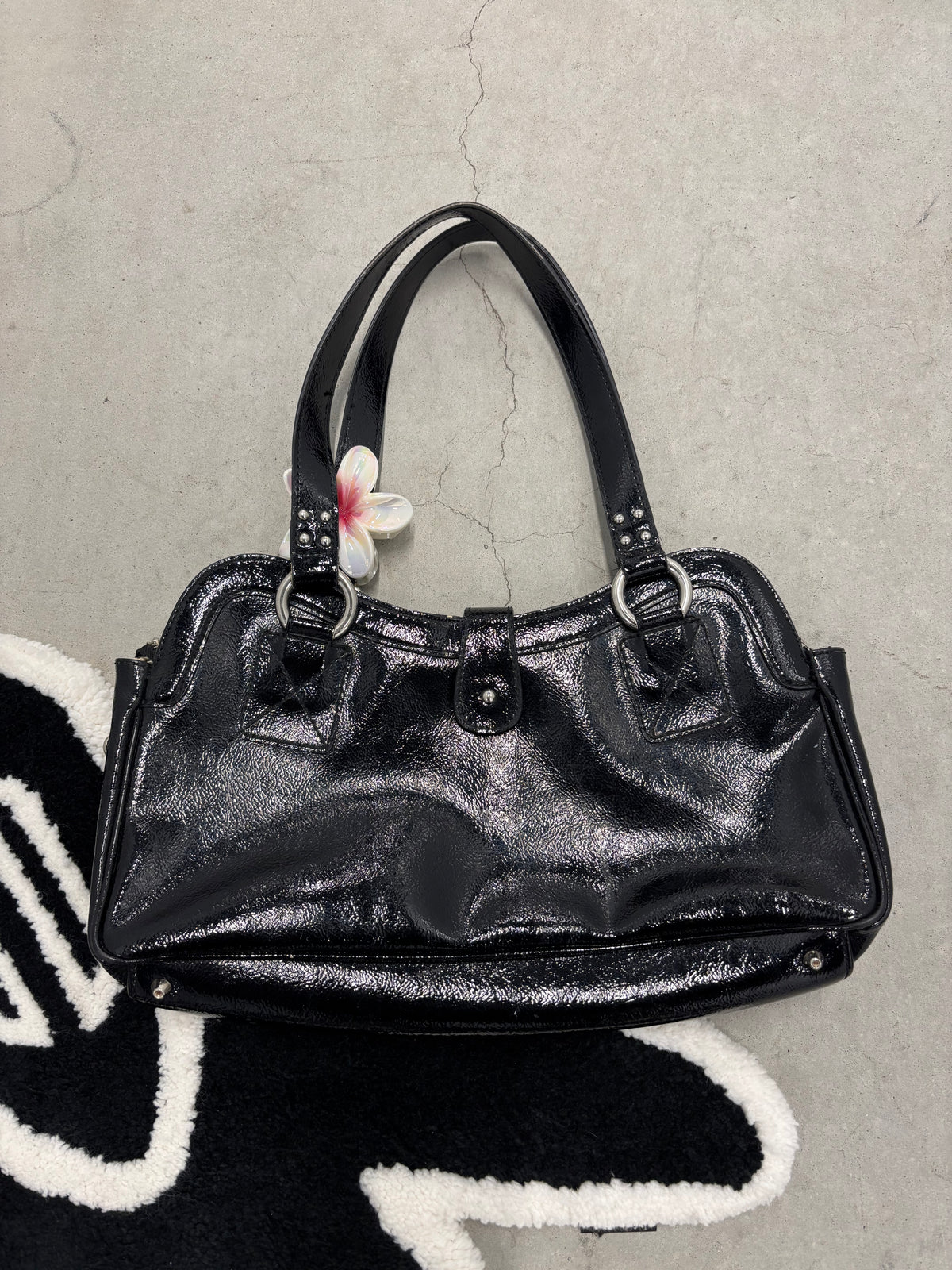 Guess Patent Leather Bowler Bag Black