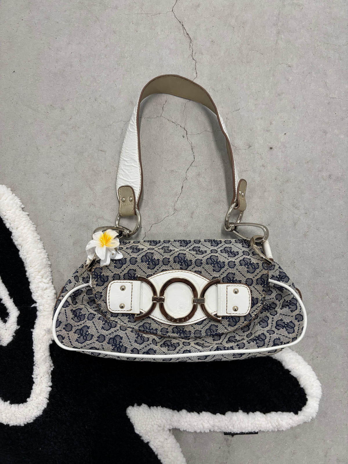 Guess Monogram Shoulder Bag Navy Gold And White
