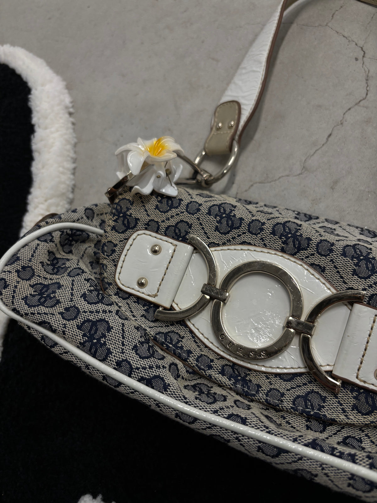 Guess Monogram Shoulder Bag Navy Gold And White