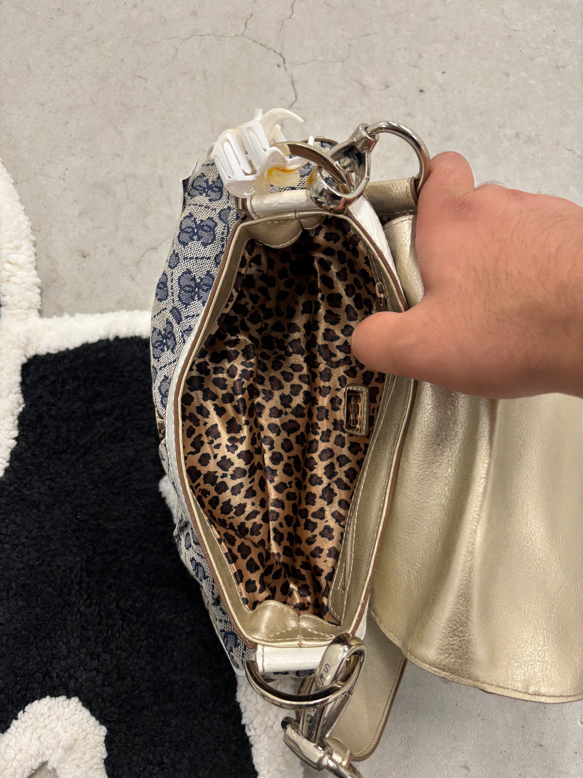 Guess Monogram Shoulder Bag Navy Gold And White