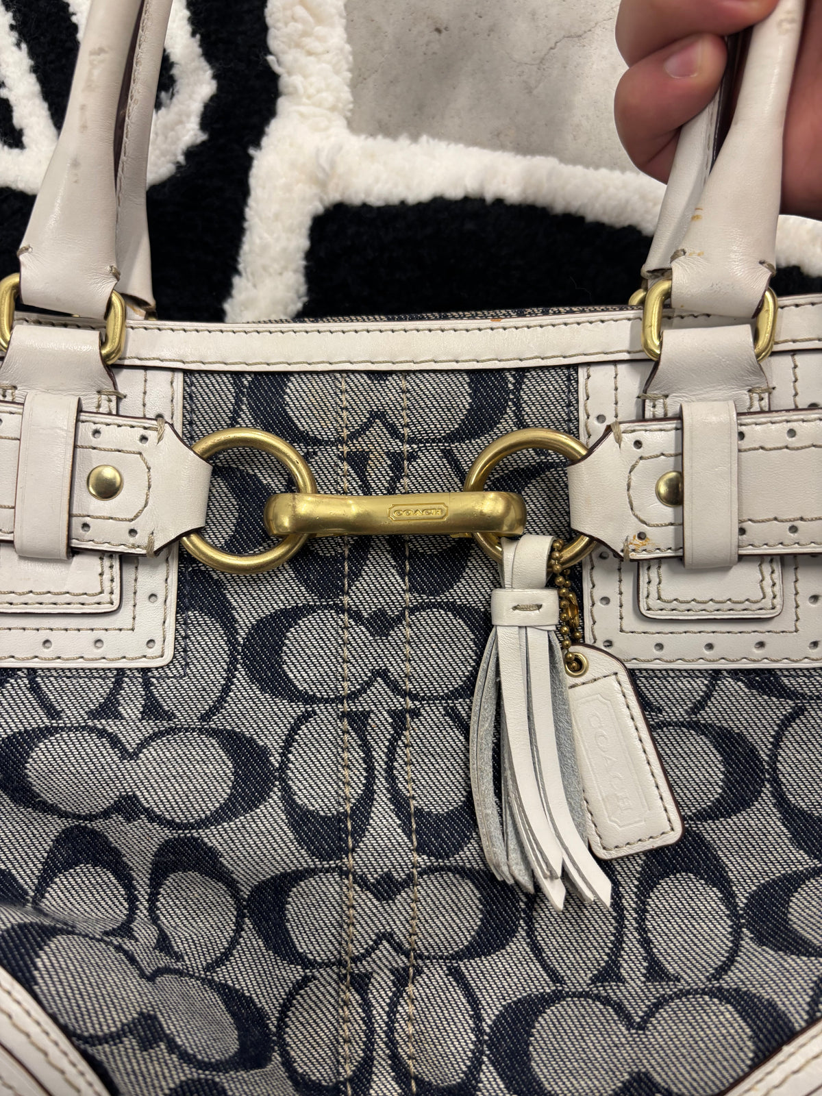 Coach Hampton Signature Jacquard Shoulder Bag Navy And White