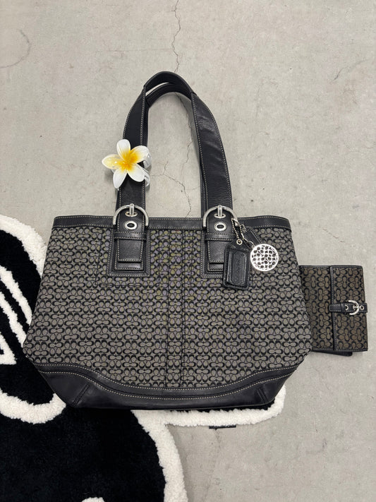 Coach Signature Jacquard Tote Grey And Wallet