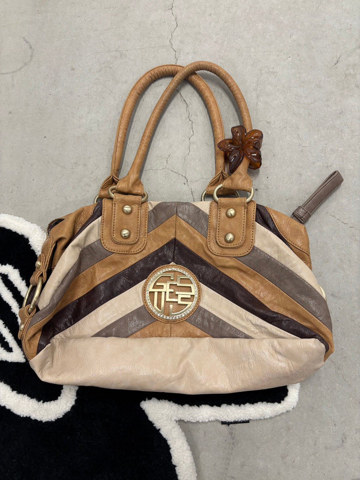 Guess Chevron Panelled Bag Brown And Cream