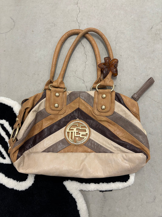 Guess Chevron Panelled Bag Brown And Cream