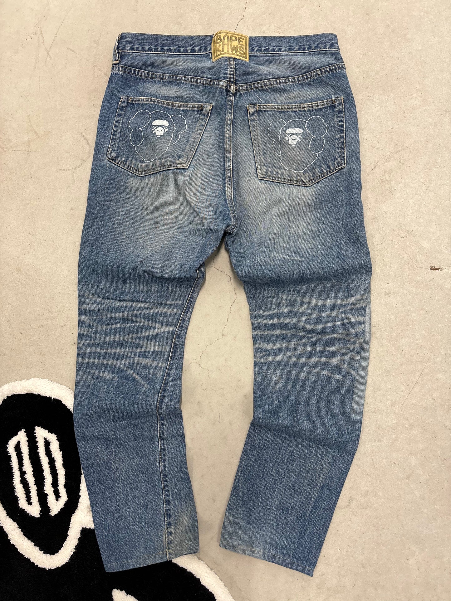 BAPE x Kaws Ape Head Patch Denim Jeans Grey Sz 34