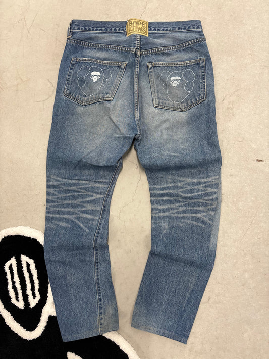 BAPE x Kaws Ape Head Patch Denim Jeans Grey Sz 34