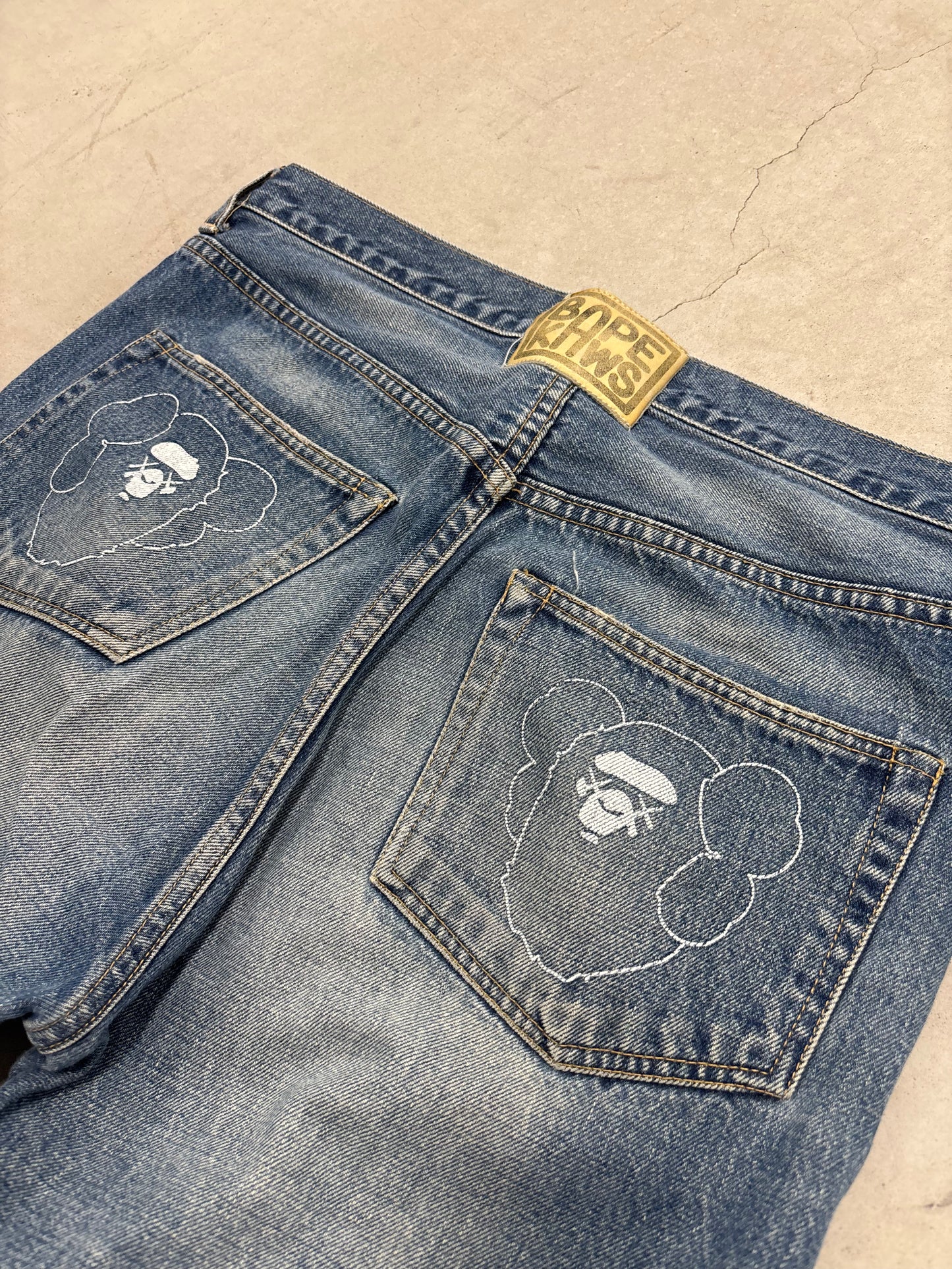 BAPE x Kaws Ape Head Patch Denim Jeans Grey Sz 34