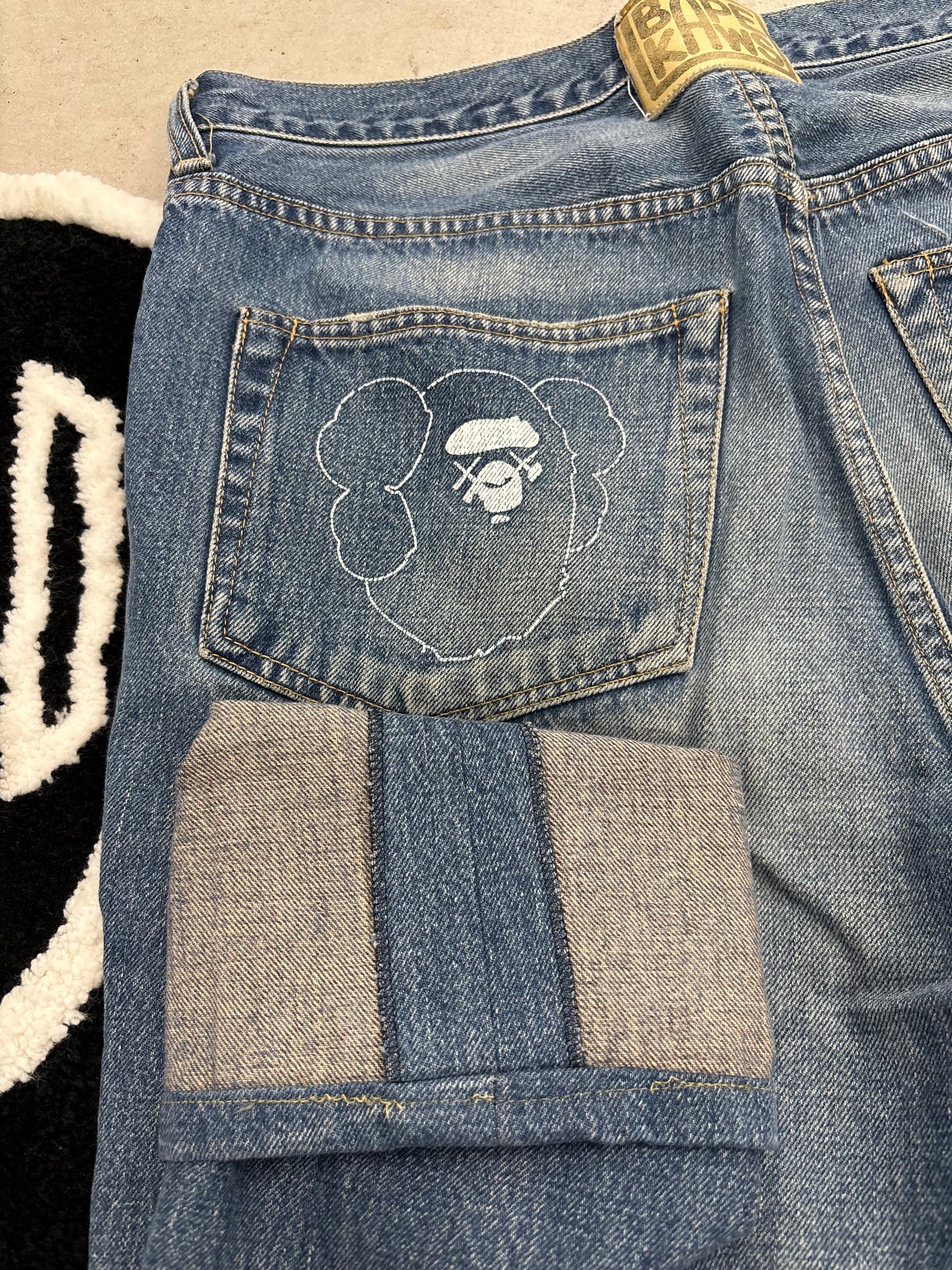 BAPE x Kaws Ape Head Patch Denim Jeans Grey Sz 34