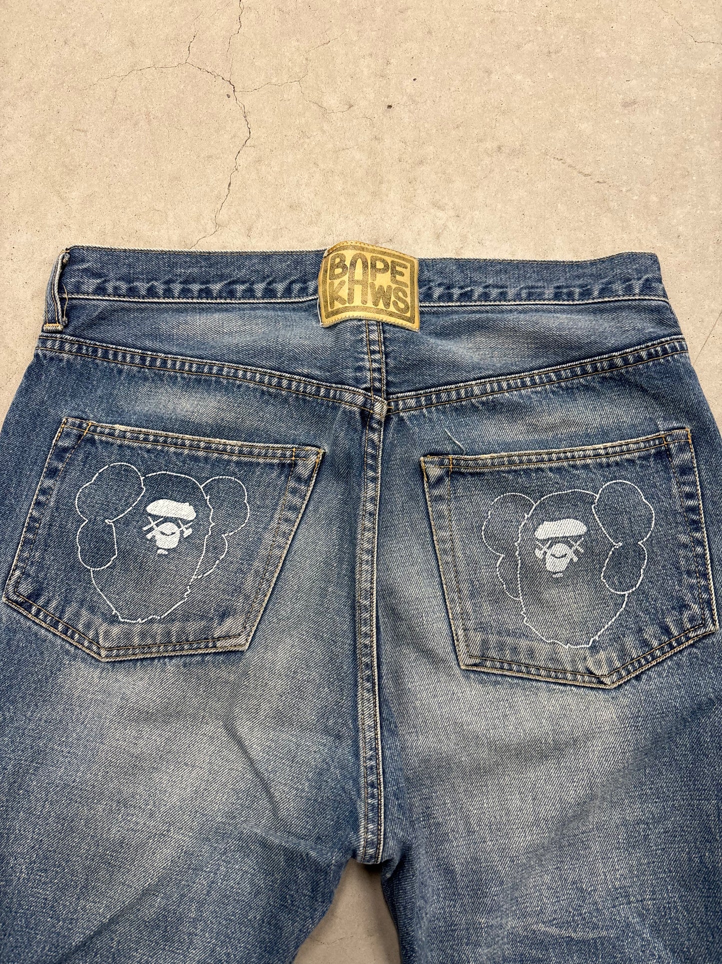BAPE x Kaws Ape Head Patch Denim Jeans Grey Sz 34