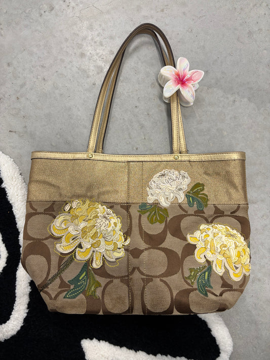 Coach 12204 Khaki Signature Floral Tote Bag