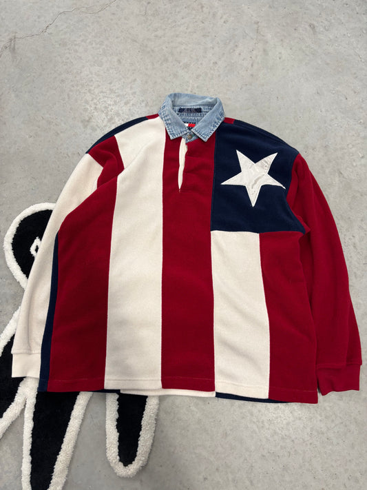 Vintage 90s Tommy Hilfiger Jeans USA Flag Logo Fleece Pullover Mens Sz Large (Day 19)